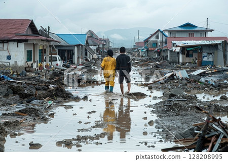 Two People Amidst Flood Aftermath in Devastated Village with Muddy Streets and Damaged Houses Two People Amidst Flood Aftermath in Devastated Village with Muddy Streets and Damaged Houses 128208995