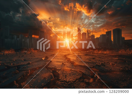 Industrial Power Plant at Sunset with Dramatic Sky and Smoke Emissions 128209000