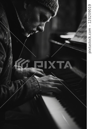 Monochrome Silhouette of a Man Playing Piano in a Sunlit Room 128209019