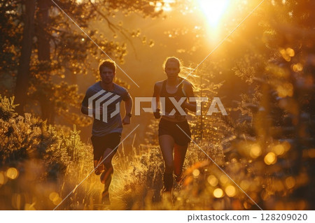 Couple Running through Scenic Forest at Sunrise, Fitness and Outdoor Recreation 128209020