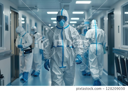 Healthcare Workers in Full Protective PPE Suits in Hospital Corridor Aiding COVID-19 Response 128209030