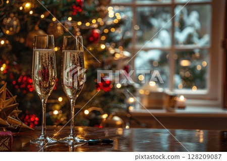 Festive Holiday Scene with Champagne Glasses, Decorations, and Candlelight by the Window 128209087