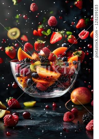 Flying Fresh Fruit Salad in a Glass Bowl with Strawberries, Blueberries, Kiwi, and Oranges 128209103