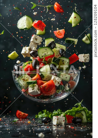 Fresh Mediterranean Vegetable Salad with Feta Cheese and Olives in a Glass Bowl 128209104
