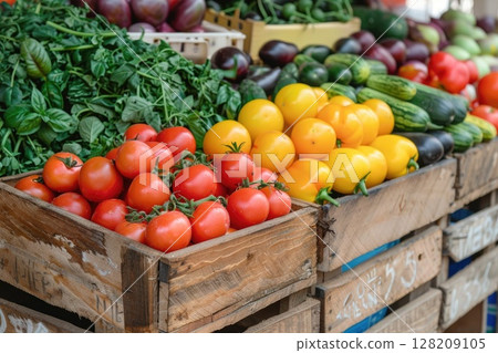 Colorful Fresh Vegetables on Display at Farmers Market Stall 128209105