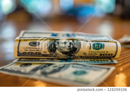 Close-Up of Stacked Coins and US Dollar Bills for Financial Business and Wealth Concepts 128209106
