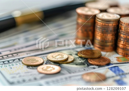 Stacked Coins on Financial Graphs with Laptop in Background Reflecting Stock Market Trends 128209107
