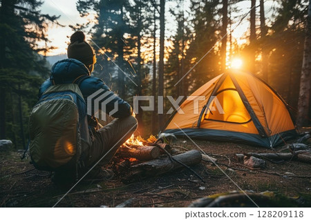 Solo Camping Adventure in Forest with Campfire and Tent at Sunrise Solo Camping Adventure in Forest with Campfire and Tent at Sunrise 128209118
