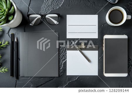 Modern Black Office Desk Workspace with Accessories, Succulent Plant, Coffee, and Smartphone 128209144
