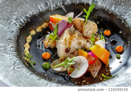 Gourmet Plated Scallops with Vegetables and Artistic Sauce Presentation 128209150