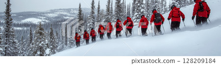 A group of skiers in red jackets descends a snowy slope surrounded by tall trees. Concept of adventure and winter sports. For promoting winter tourism. A group of skiers in red jackets descends a snowy slope surrounded by tall trees. Concept of adventure and winter sports. For promoting winter tourism. 128209184