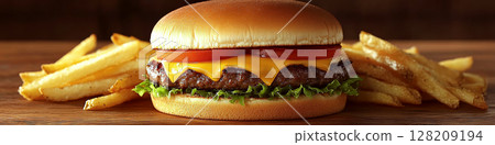 A cheeseburger with lettuce and tomato sits between piles of fries on a wooden table. Concept of fast food and casual dining. For food menu photo. 128209194