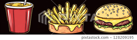 Cup of drink, fries with melted cheese, and burger on dark background. Concept of fast food illustration. For menu design 128209195