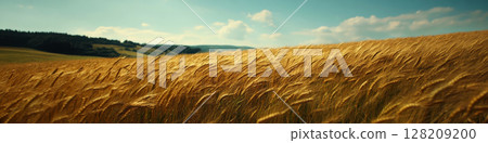 Golden wheat fields sway under a blue sky with fluffy clouds. Concept of rural beauty and tranquility. For nature-themed backgrounds. 128209200