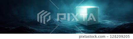 A glowing cube rests on a misty, textured surface against a mysterious dark background. Concept of mystery and technology. For science fiction design. A glowing cube rests on a misty, textured surface against a mysterious dark background. Concept of mystery and technology. For science fiction design. 128209205