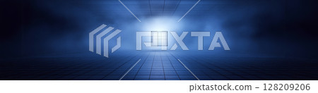 Empty room with tiled floor, mist and a glowing grid in the center. Concept of futuristic space. For background in tech presentations or design projects. Empty room with tiled floor, mist and a glowing grid in the center. Concept of futuristic space. For background in tech presentations or design projects. 128209206