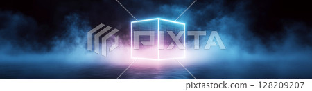 Glowing cube floats in misty, dark surroundings with radiant blue and pink light. Concept of futuristic and digital design. For technology-related graphics. Glowing cube floats in misty, dark surroundings with radiant blue and pink light. Concept of futuristic and digital design. For technology-related graphics. 128209207