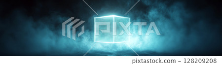 Glowing cube hovers in misty blue atmosphere with a mysterious aura. Concept of futuristic and digital themes. For tech or sci-fi visuals 128209208