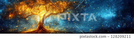 A glowing tree stands in an enchanting forest with sparkling lights. Concept of magic and fantasy. For digital art inspiration. 128209211