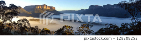 Mist blankets a valley between rugged mountains, framed by trees in the foreground. Concept of natural landscape and tranquility. For nature-themed content. 128209252