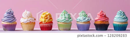 Colorful Cupcake Row with Decorative Frosting on Vibrant Background 128209283
