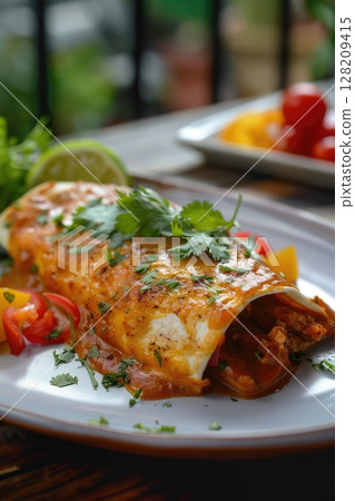 Delicious Cheese Enchiladas with Fresh Herbs on a Plate 128209415