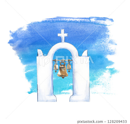 Greek bell tower, hand-drawn. Watercolor illustration on a turquoise-blue watercolor spot background. Stylized sky. The bell tower on the island of Santorini, Greece. 128209433