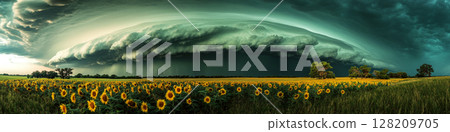 Sunflowers in a field under a dramatic, stormy sky with a massive cloud formation. Concept of nature's contrast and power. For weather photography. 128209705