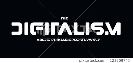 Rounded techno logo font, bold sci-fi alphabet. Cutout geometric letters for game headline, cyberpunk UI, tech HUD, display text, robotic branding. Digital futuristic typeset. Vector typography 128209743
