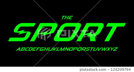 Bold Sport Font Alphabet with Lightning Bolt Accents in Neon Green on Black Background, Fast-Paced Display Typeface for Racing Posters, Energy Branding, or Gaming Titles. Vector Illustration. Bold Sport Font Alphabet with Lightning Bolt Accents in Neon Green on Black Background, Fast-Paced Display Typeface for Racing Posters, Energy Branding, or Gaming Titles. Vector Illustration. 128209764