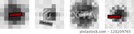 Censored Background Pattern Pixel Mosaic Blur Texture Set for Censor Content, Explicit Censorship, Adult Hiding, Anonymity Banner. Grey Tone Bar with Bright Typography Label. Vector Illustration 128209765