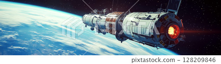 A spacecraft orbits above the Earth with the glowing engine visible in space. Concept of space exploration and technology. For science and education content. 128209846