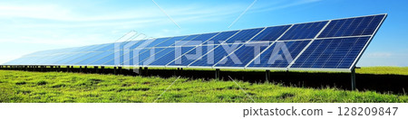 Solar panels stand on a grassy field under a clear sky. Concept of renewable energy and sustainability. For promoting solar energy solutions. 128209847