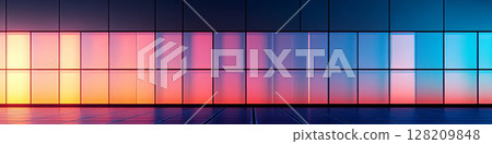 Colorful glass panels in a grid pattern display a gradient of warm to cool tones. Concept of modern architecture and vibrant design. For abstract art photo. 128209848