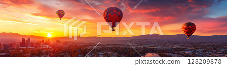 Three hot air balloons float over a cityscape at sunset, casting colorful shades. Concept of adventure and serenity. For travel posters. 128209878