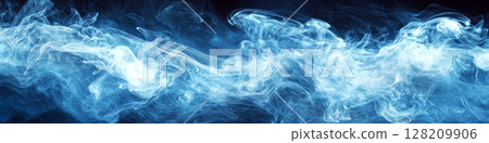 Blue and white smoke swirls gracefully against a dark background. Concept of ethereal beauty and mystery. For use in design projects or backgrounds. 128209906