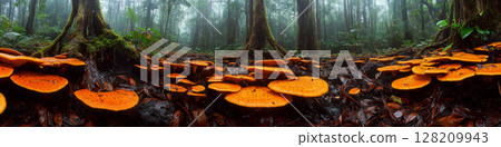 Bright orange mushrooms cover the forest floor surrounded by misty tall trees. Concept of nature's beauty and biodiversity. For nature-themed content. Bright orange mushrooms cover the forest floor surrounded by misty tall trees. Concept of nature's beauty and biodiversity. For nature-themed content. 128209943