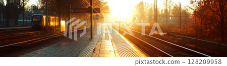 Train approaches a station at sunrise with sunlit trees and empty platform. Concept of travel and tranquility. For transportation marketing. 128209958