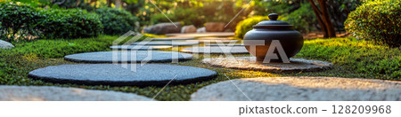 Stone pathway leads through a lush garden with a pot on one stone. Concept of tranquility and natural beauty. For relaxation themes. Stone pathway leads through a lush garden with a pot on one stone. Concept of tranquility and natural beauty. For relaxation themes. 128209968