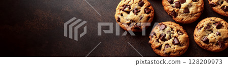 Five chocolate chip cookies are placed on a dark textured surface. Concept of delicious homemade baking. For food photography. 128209973