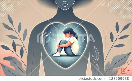 Illustration of the inner child inside a woman for psychological content 128209988