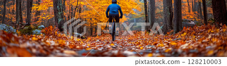 A cyclist rides through a forest path covered in vibrant autumn leaves. Concept of adventure and nature exploration. For outdoor sports advertisements. 128210003