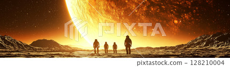 Four astronauts in spacesuits walk on a barren, rocky planet with a giant glowing celestial body in the sky. Concept of space exploration and adventure. For a sci-fi themed photo. 128210004