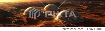 Futuristic domes on a red desert landscape with structures inside. Concept of space settlement and extraterrestrial colonization. For sci-fi concepts. 128210006