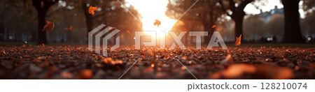 Fallen leaves scattered on a path in a sunlit park during autumn, with sunlight peeking through trees. Concept of autumn serenity. For seasonal greeting cards. 128210074