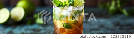 A refreshing cocktail with mint, lime, and ice on a table. Concept of a summer beverage. For drink menu photos. A refreshing cocktail with mint, lime, and ice on a table. Concept of a summer beverage. For drink menu photos. 128210119