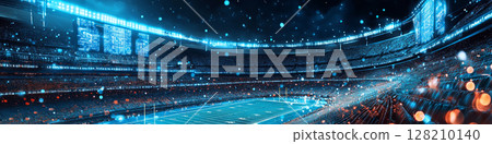 A brightly lit stadium with digital screens. Concept of technology in sports. For sports event promotion 128210140