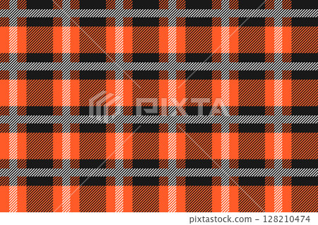 Orange and black Scotland textile seamless pattern. Fabric texture check tartan plaid. Abstract geometric background for cloth, card, fabric. Monochrome repeating design. Modern squared ornament 128210474