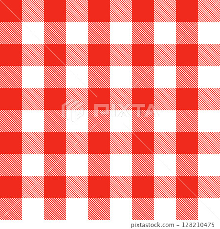 Red and white Scotland textile seamless pattern. Fabric texture check tartan plaid. Abstract geometric background for cloth, card, fabric. Monochrome graphic repeating design. Modern squared ornament 128210475