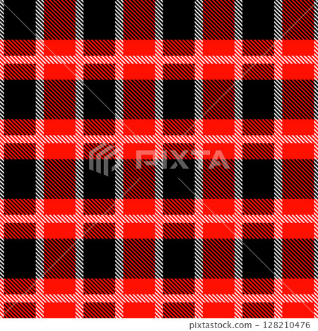 Red and black Scotland textile seamless pattern. Fabric texture check tartan plaid. Abstract geometric background for cloth, card, fabric. Monochrome repeating design. Modern squared ornament 128210476